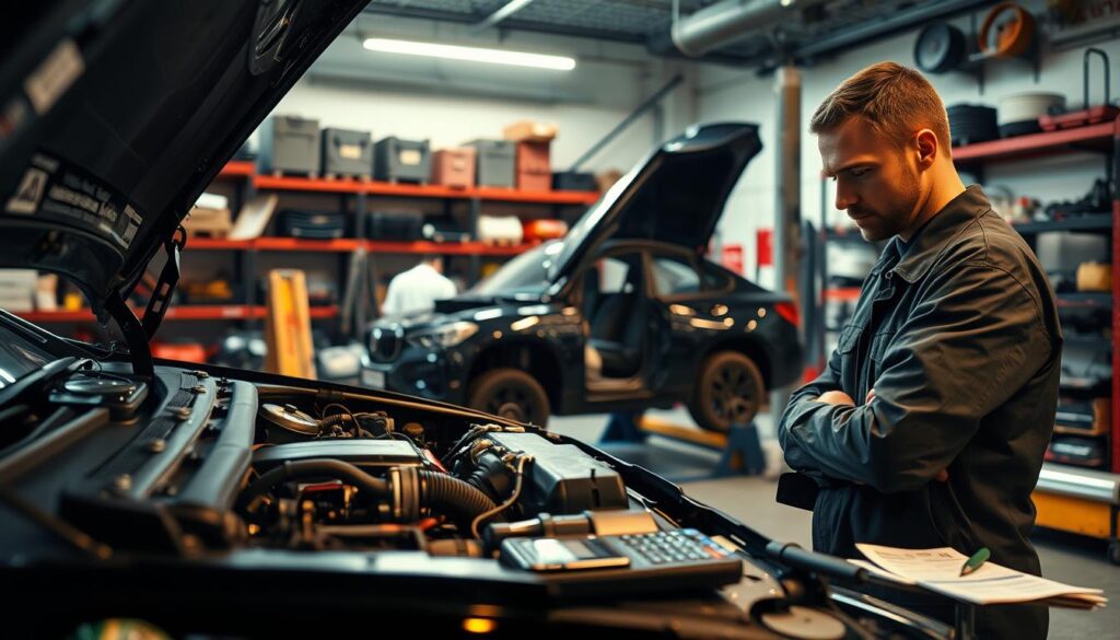 An automotive repair scene showcasing a mechanic in a professional outfit, examining a car engine in a well-lit workshop. The foreground features a mechanic, focused on the intricate details of the engine, with tools organized nearby. In the middle ground, a partially dismantled vehicle sits on a lift, highlighting the repair process. The background displays shelves filled with automotive parts and equipment, providing context for a busy repair shop. Soft, warm lighting enhances the atmosphere, creating a sense of professionalism and focus. The angle is slightly from above, capturing the action and tools while emphasizing the repair work. The overall mood conveys diligence and expertise in automotive repair, contrasting with a sense of financial management, represented by subtle elements like a calculator and repair estimates on a workbench. An automotive repair scene showcasing a mechanic in a professional outfit, examining a car engine in a well-lit workshop. The foreground features a mechanic, focused on the intricate details of the engine, with tools organized nearby. In the middle ground, a partially dismantled vehicle sits on a lift, highlighting the repair process. The background displays shelves filled with automotive parts and equipment, providing context for a busy repair shop. Soft, warm lighting enhances the atmosphere, creating a sense of professionalism and focus. The angle is slightly from above, capturing the action and tools while emphasizing the repair work. The overall mood conveys diligence and expertise in automotive repair, contrasting with a sense of financial management, represented by subtle elements like a calculator and repair estimates on a workbench.