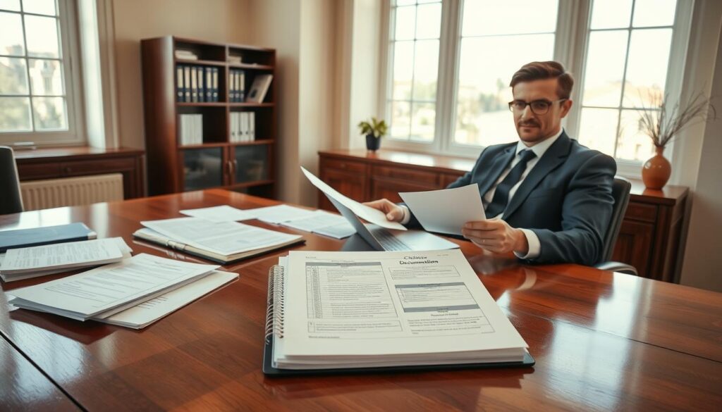 An elegant office space with a polished wooden desk filled with organized documents and a laptop displaying digital claim forms. In the foreground, a confident professional in business attire is seen carefully reviewing papers, showing a focused expression. An open folder labeled "Claims Documentation" is visible, emphasizing the theme of securing claims. The middle ground includes a large window allowing natural light to flood in, creating a warm and inviting atmosphere. On a nearby shelf, insurance books and guides provide context. In the background, a cityscape outside hints at the setting in Germany. The overall mood is one of diligence and seriousness, capturing the essence of handling claims and damage documentation with care. An elegant office space with a polished wooden desk filled with organized documents and a laptop displaying digital claim forms. In the foreground, a confident professional in business attire is seen carefully reviewing papers, showing a focused expression. An open folder labeled "Claims Documentation" is visible, emphasizing the theme of securing claims. The middle ground includes a large window allowing natural light to flood in, creating a warm and inviting atmosphere. On a nearby shelf, insurance books and guides provide context. In the background, a cityscape outside hints at the setting in Germany. The overall mood is one of diligence and seriousness, capturing the essence of handling claims and damage documentation with care.